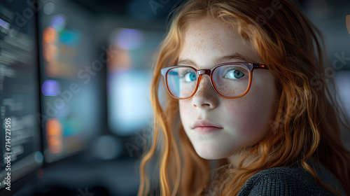 Portrait of Kid Girl Learning to Code in Computer Lab with Blurred Background - Coding Classroom