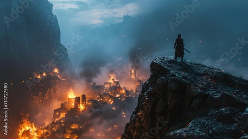 Misty mountain with a medieval warrior on top overlooking a burning city.