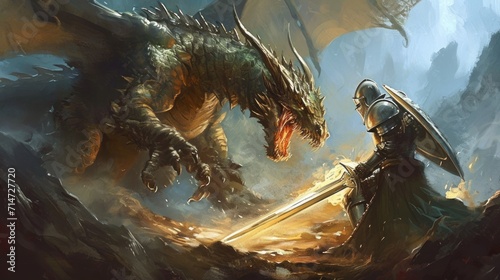 Angry evil dragon with red eyes and fire flames confronted with a medieval warrior.
