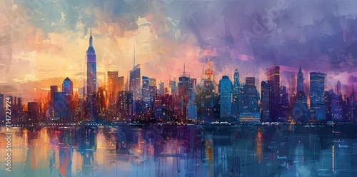 New York City Manhattan skyline at sunset with reflection in water painting style illustration.