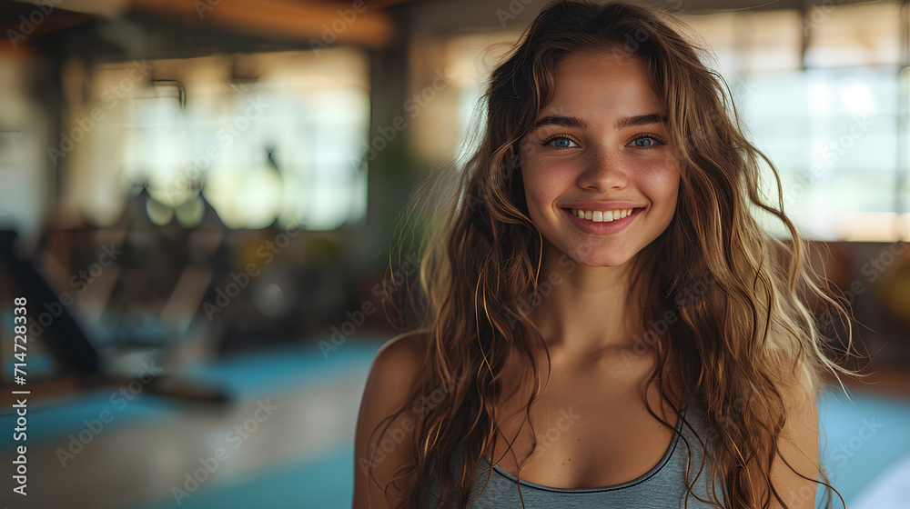 Smiling Young Woman Portrait in Studio Gym, Embracing Yoga, Pilates, Meditation, Fitness, Barre Concept