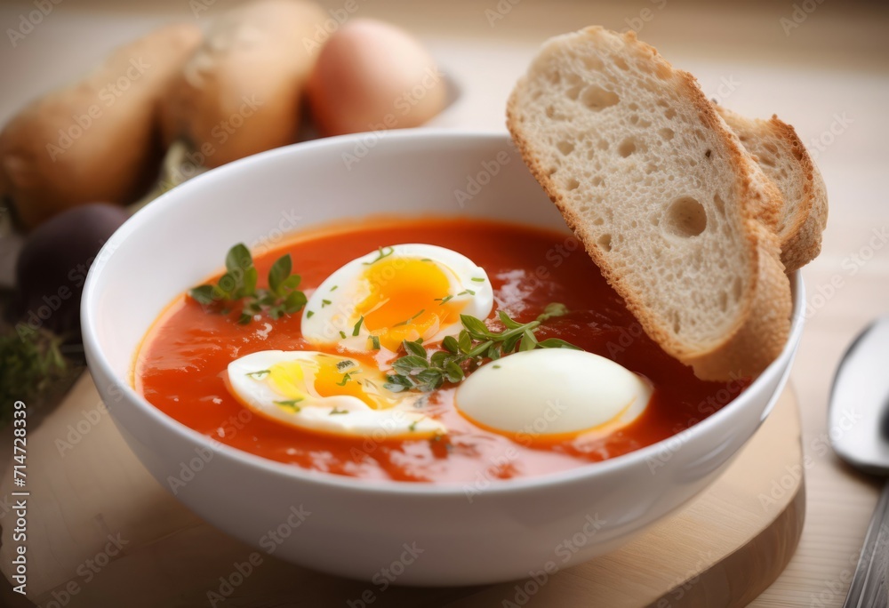 Tomato soup eggs bowl with fresh bread. Plate dinner eating pepper lunch. Generate Ai Tomato soup eggs bowl with fresh bread. Plate dinner eating pepper lunch. Generate Ai