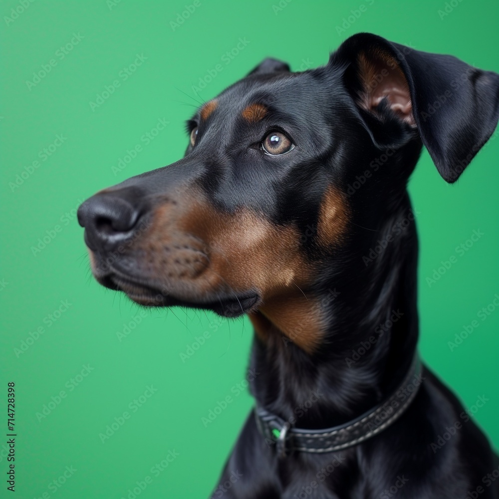 portrait of a doberman on a green background in the studio