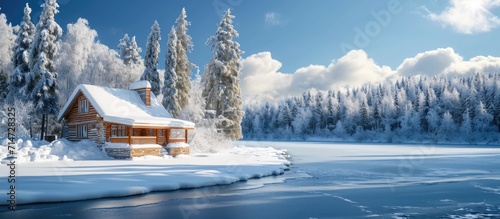 Snow-covered cabin on a bright winter day by a remote frozen lake.
