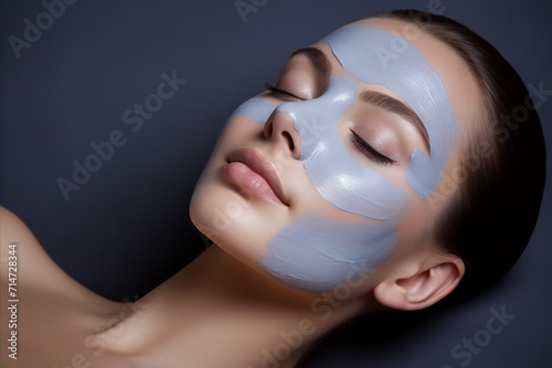 Young woman reclining with closed eyes, applying a nourishing facial mask for flawless, radiant skin