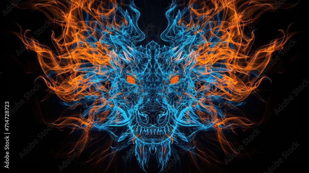 Close-up view of the head of a dragon made from fire and lights. Close-up view of the head of a dragon made from fire and lights.