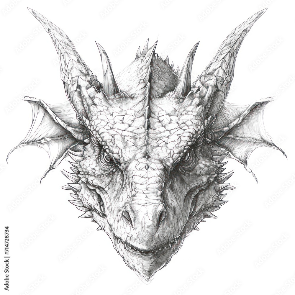 Obraz premium Hand pencil sketch drawing of dragon head over white background.