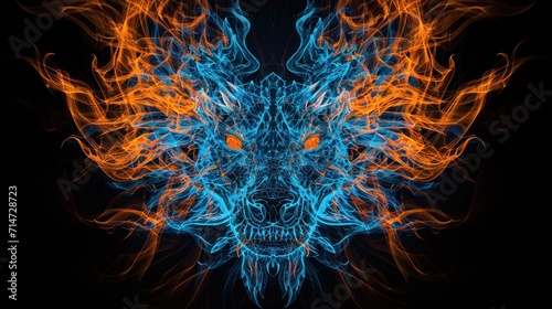 Close-up view of the head of a dragon made from fire and lights.