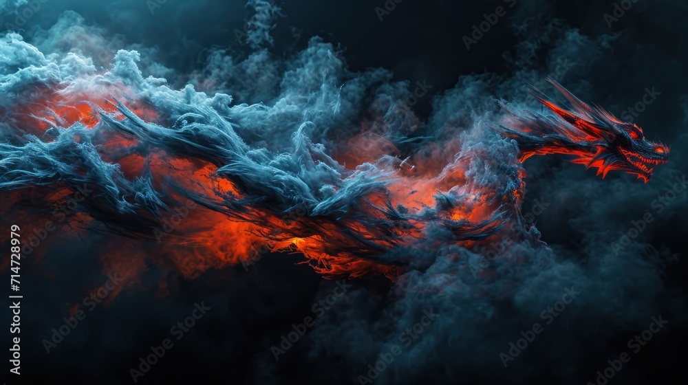 Powerful dragon flying in sky with clouds and fire flame. - obrazy, fototapety, plakaty 