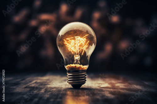 creativity ideas concept with light bulb and wood sawdust on black stone table vintage color tone