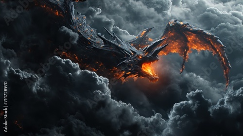 Powerful dragon flying in sky with clouds and fire flame.