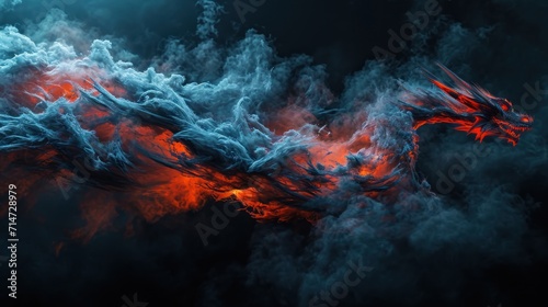 Powerful dragon flying in sky with clouds and fire flame. © Joyce
