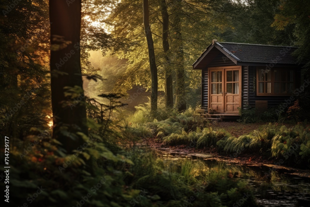 Cozy cabin surrounded by autumn forest near tranquil pond. Tranquil nature retreat.