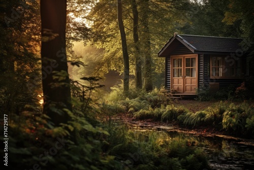 Cozy cabin surrounded by autumn forest near tranquil pond. Tranquil nature retreat. © Postproduction