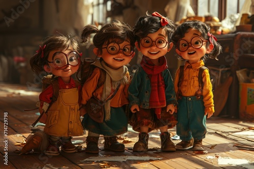 Cheerful children in bright colored clothes and glasses have fun spending their summer holidays outdoors. animation