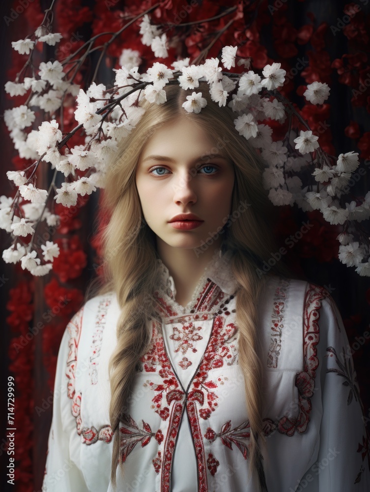 woman in a splendid array of traditional Ukrainian folk attire, with a wreath of flowers enhancing the cultural charm of the portrait. woman in a splendid array of traditional Ukrainian folk attire, with a wreath of flowers enhancing the cultural charm of the portrait.