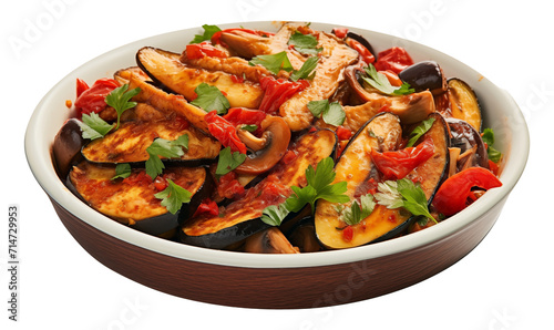 Baked eggplant with tomatoes and parsley in a bowl isolated on white background.