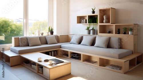 Modular furniture to maximize seating and storage in a small living room.