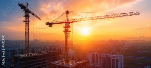 Sunset silhouette: Urban construction site with cranes building a tower in the city under a vibrant sky, showcasing the beauty of industrial development and engineering work at night