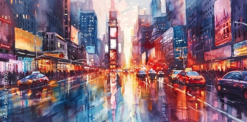 New York City Manhattan skyline at sunset with reflection in water painting style illustration.