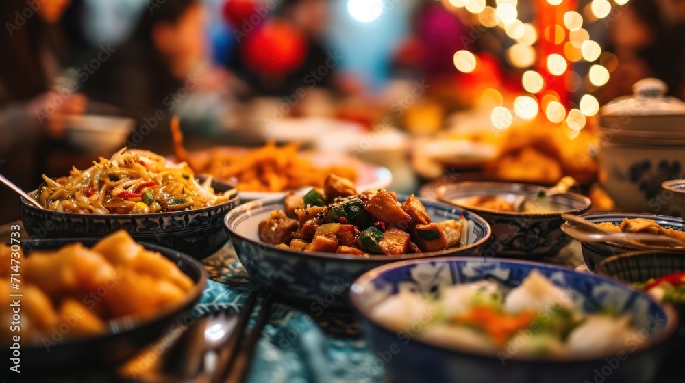 Φωτογραφία Traditional dinner meal dishes on table during family gathering party to celebrate Chinese lunar new year