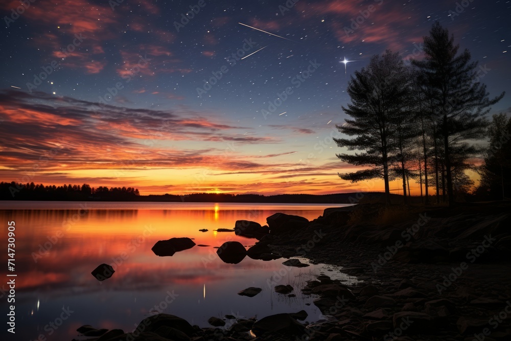 Obraz premium Ephemeral star showers, painting the night sky with fleeting bursts of cosmic beauty - Generative AI