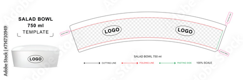 Salad Bowl container die cut template for 750 ml with 3D blank vector mockup