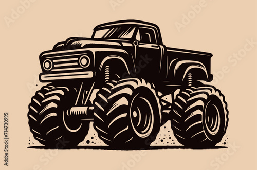 Cool car with big wheels. Monster truck. Vintage outline illustration. Black engraving, logo, round emblem. Isolated object