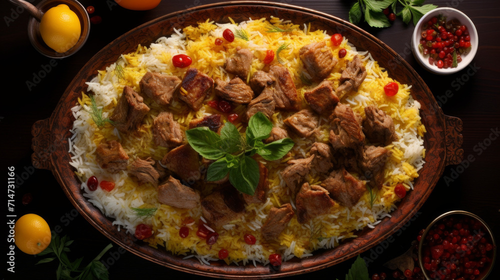 A platter of aromatic and tender lamb biryani, a festive dish often served during Eid al-Fitr A platter of aromatic and tender lamb biryani, a festive dish often served during Eid al-Fitr