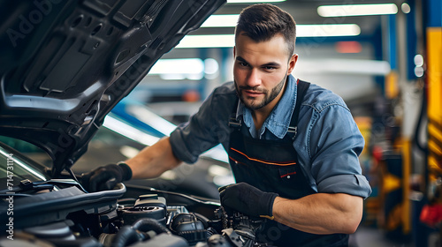 Attractive confident male auto mechanic working in Car Service photo