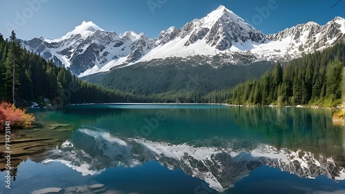 Generative ai. a lake with a mountain in the background, with a snowy mountain and ice, an amazing landscape image, grand majestic mountains, mountainous background, beautiful mountain background © Baxxtee