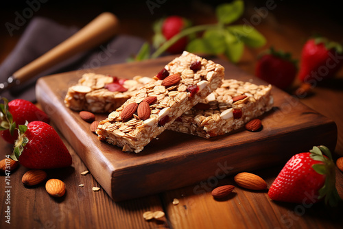 Almond nut bar with strawberries generated.AI photo