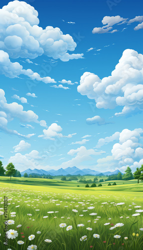 Blue sky and cloud with meadow tree. Plain landscape background for summer poster. Generate AI #714731317