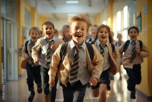 A group of primary school students are running happily in the corridor of the school, children coming home from school, happy children carrying school bags to school