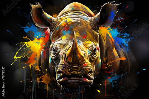 Abstract, multicolored neon portrait of a rhinoceros looking forward, in the style of pop art on a black background.