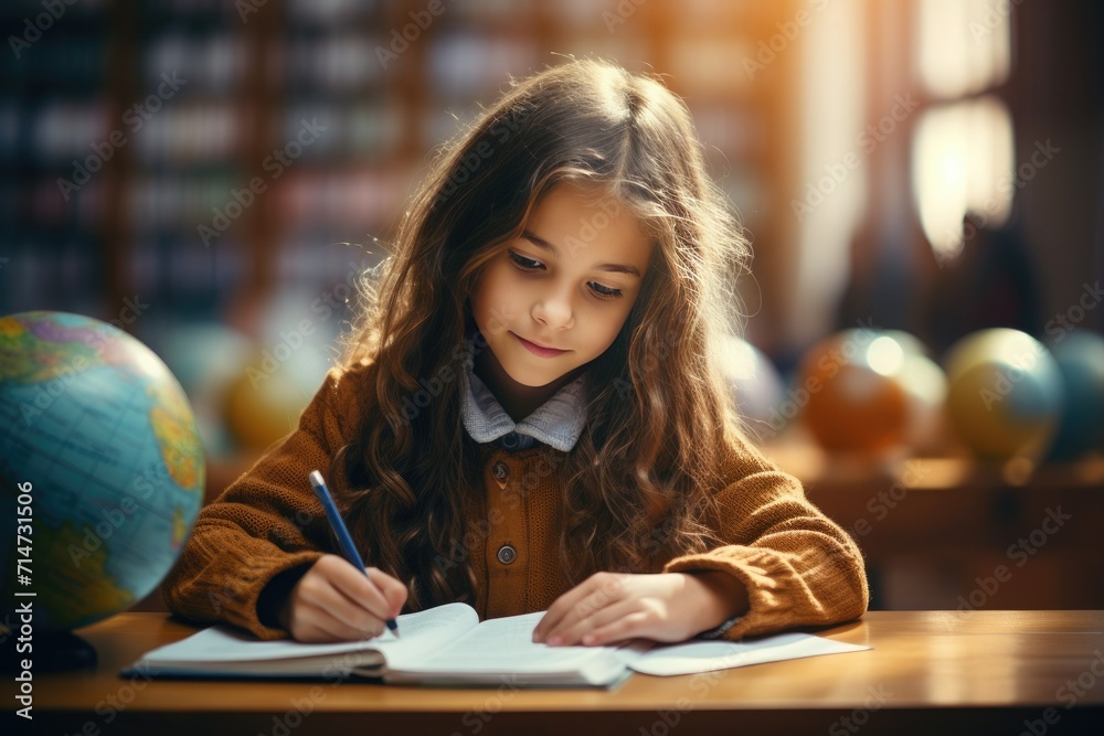 little girl doing homework in the classroom, little girl writing seriously in the classroom little girl doing homework in the classroom, little girl writing seriously in the classroom