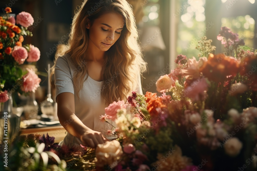 Woman working in a flower shop, woman surrounded by flowers, woman arranging flowers