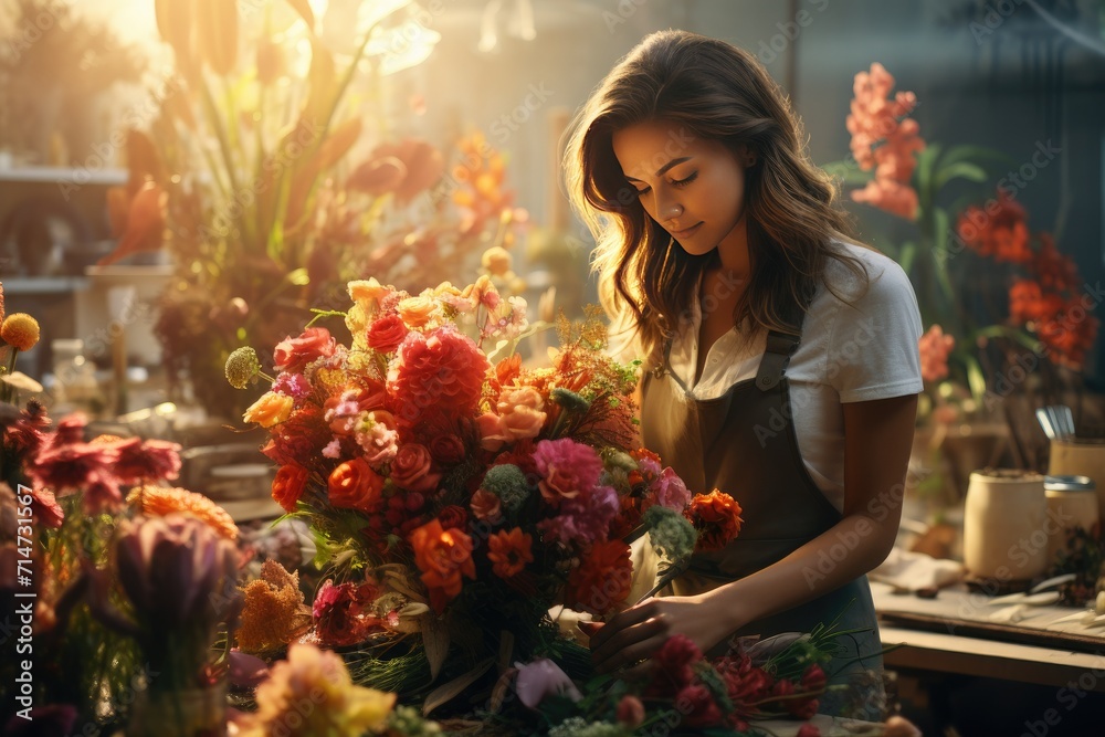 Woman working in a flower shop, woman surrounded by flowers, woman arranging flowers