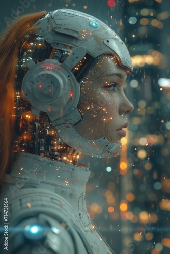 A girl in a space suit . The concept of artificial intelligence. Digital transformation