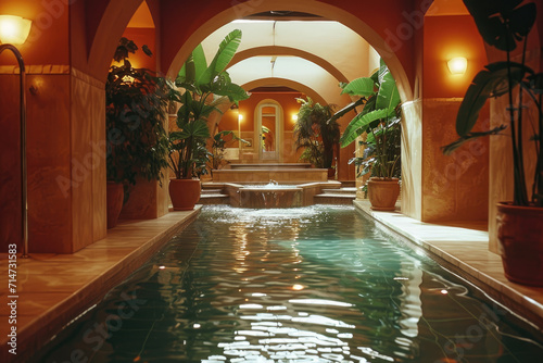 Elegant Indoor Spa Pool with Arches and Tropical Plants © nialyz