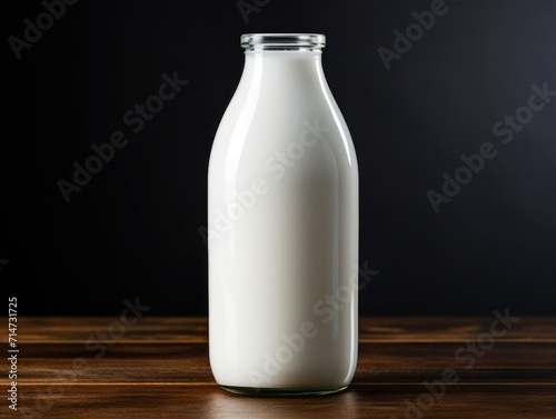 Glass bottle filled with fresh milk on the table, bottle of fresh milk without label, organic milk, organic farm