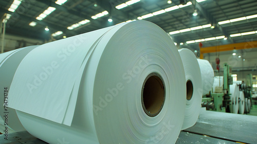 White paper rolls in an industrial setting, representing manufacturing and hygiene equipment. photo
