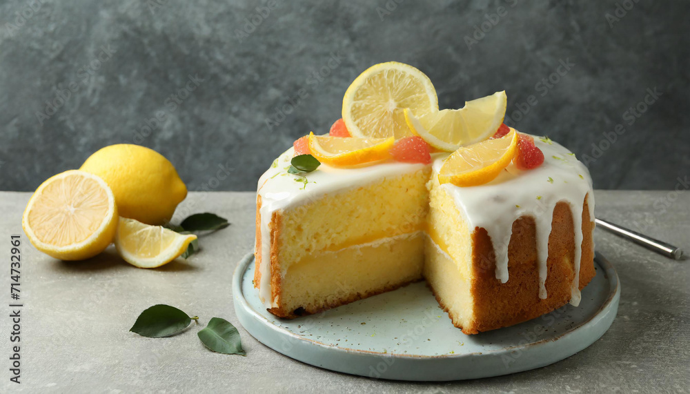 Cut tasty lemon cake with glaze and citrus fruits on light grey textured table, space for text Cut tasty lemon cake with glaze and citrus fruits on light grey textured table, space for text