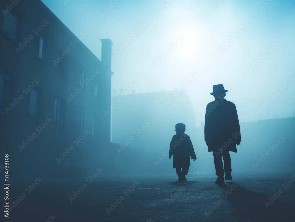 Silhouette of little boys in blue color gracefully walking, foggy, fog