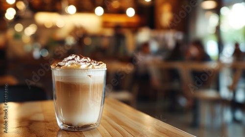Close-up view of a cup of coffee with cream on table in a coffee shop.