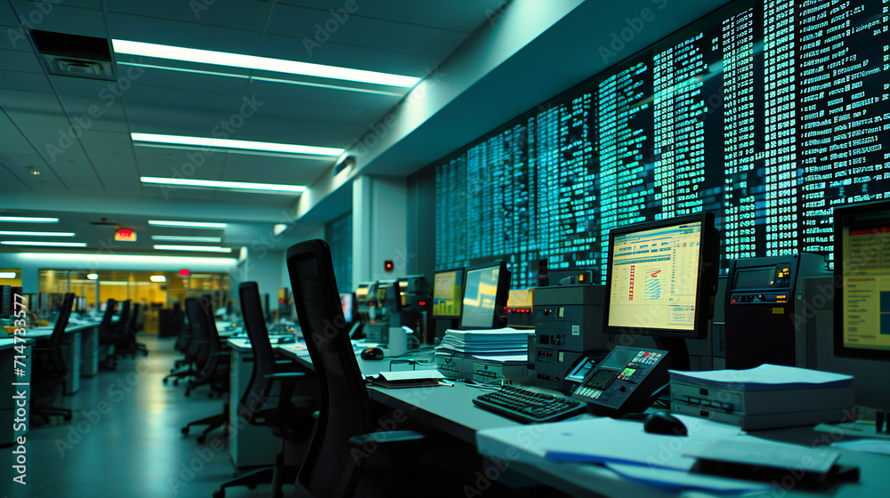 Control room in a technological facility with screens and monitoring systems.