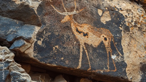 Prehistoric rock painting on ancient cave wall by caveman.