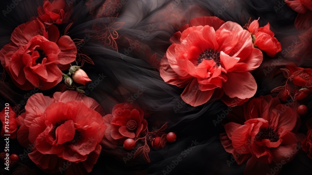 Dark elegant wallpaper made of red and black tulle fabric with vibrant red flowers - obrazy, fototapety, plakaty 
