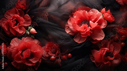 Dark elegant wallpaper made of red and black tulle fabric with vibrant red flowers photo