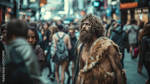 A caveman walking in modern city street. Lost and confused. Concept. Photorealistic.